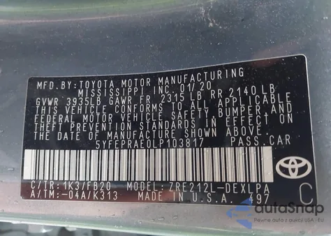 2020 Toyota Corolla Le из США, поврежденный, VIN 5YFEPRAE0LP103817